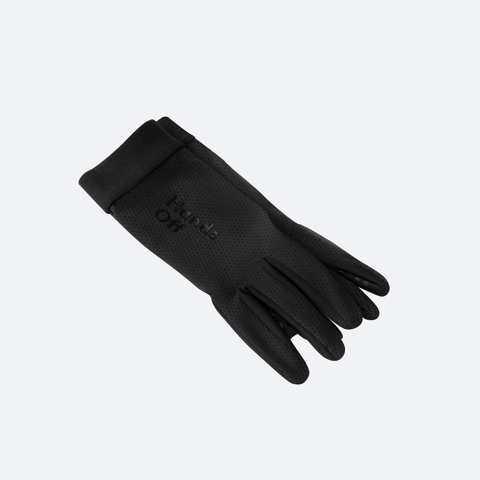 black gloves with hands off logo