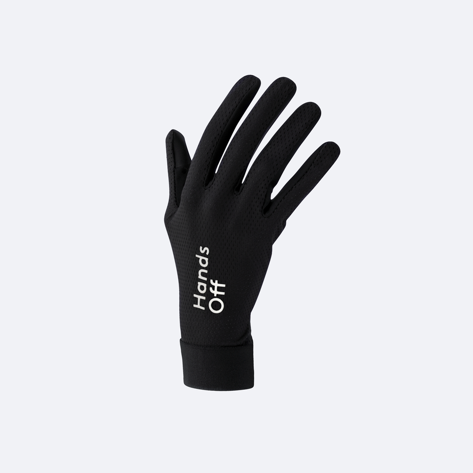 black gloves with white text