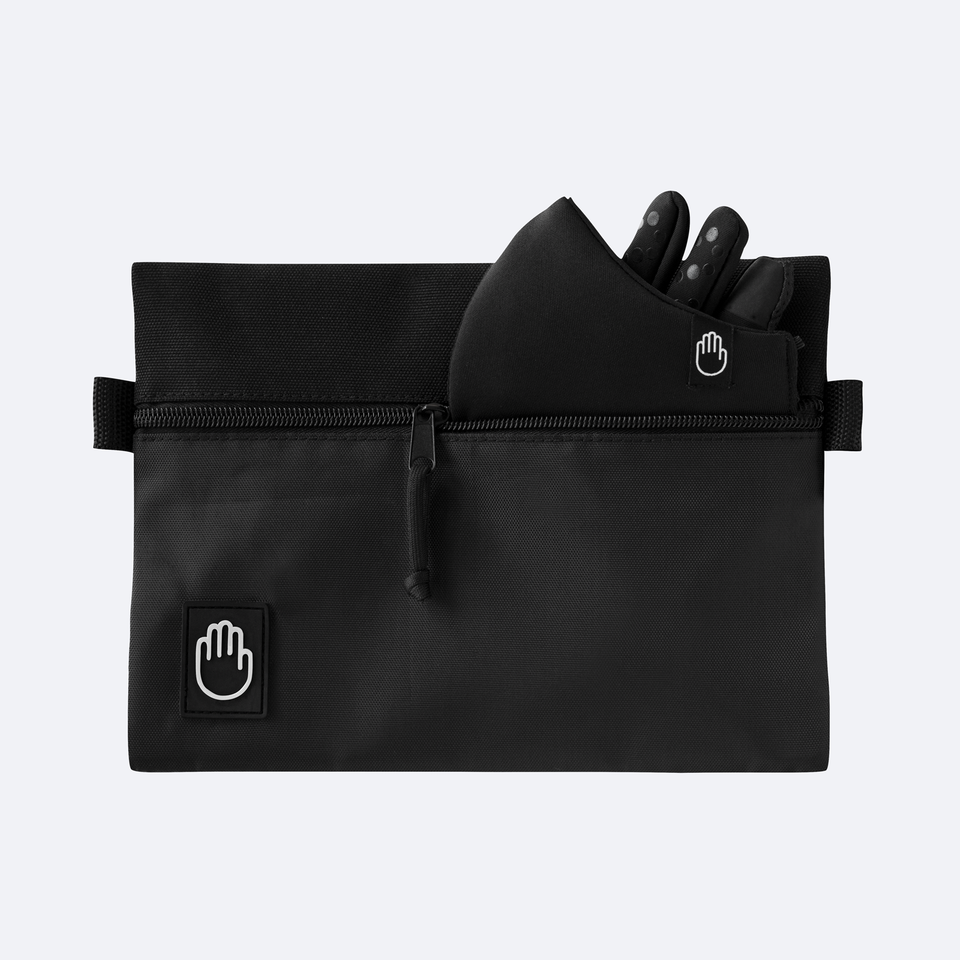 black bag with black face mask and black gloves