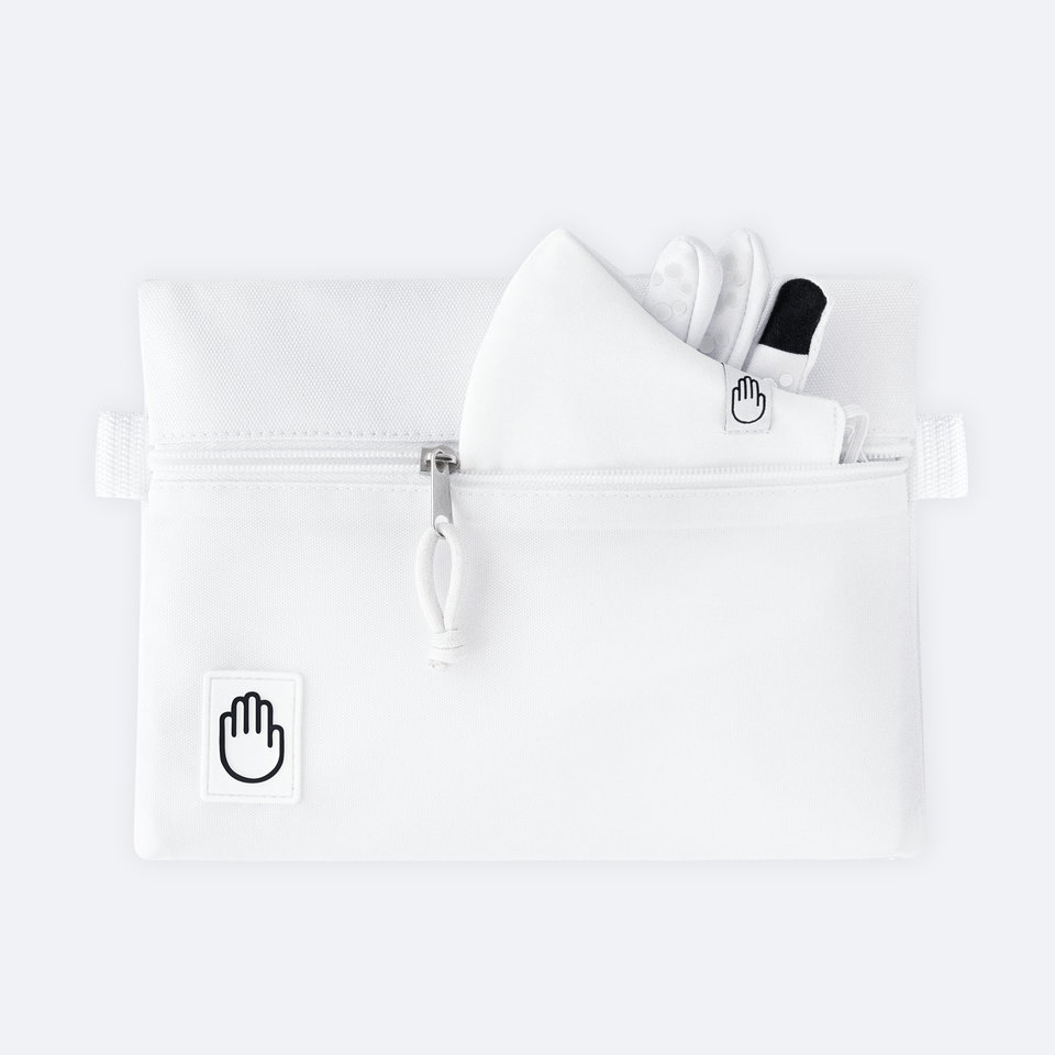 white bag with white mask and white gloves and touch screen compatible